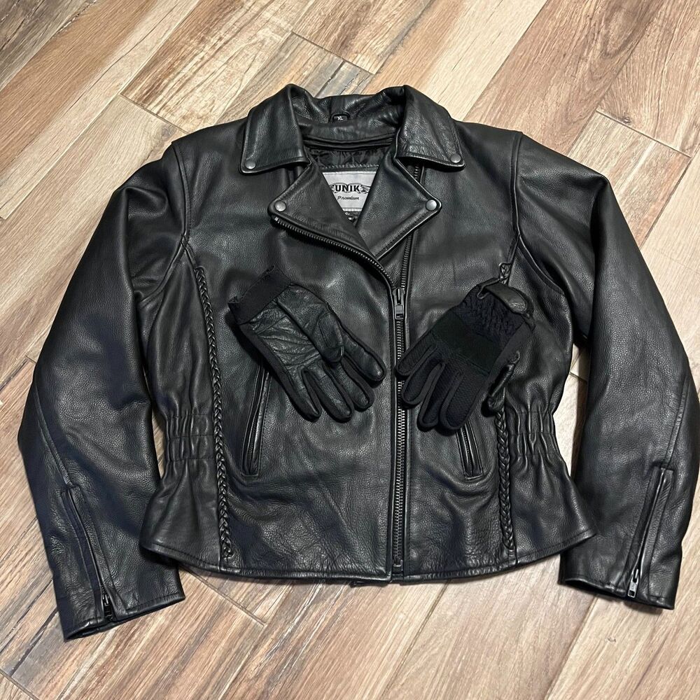 UNIK Black Leather Motorcycle Jacket Womens Removable Quilt Liner Rope Trim XL